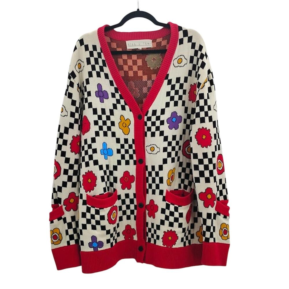 Kina & Tam Floral Funk Cardigan Sweater Pockets Red White Checkered Pockets XL
